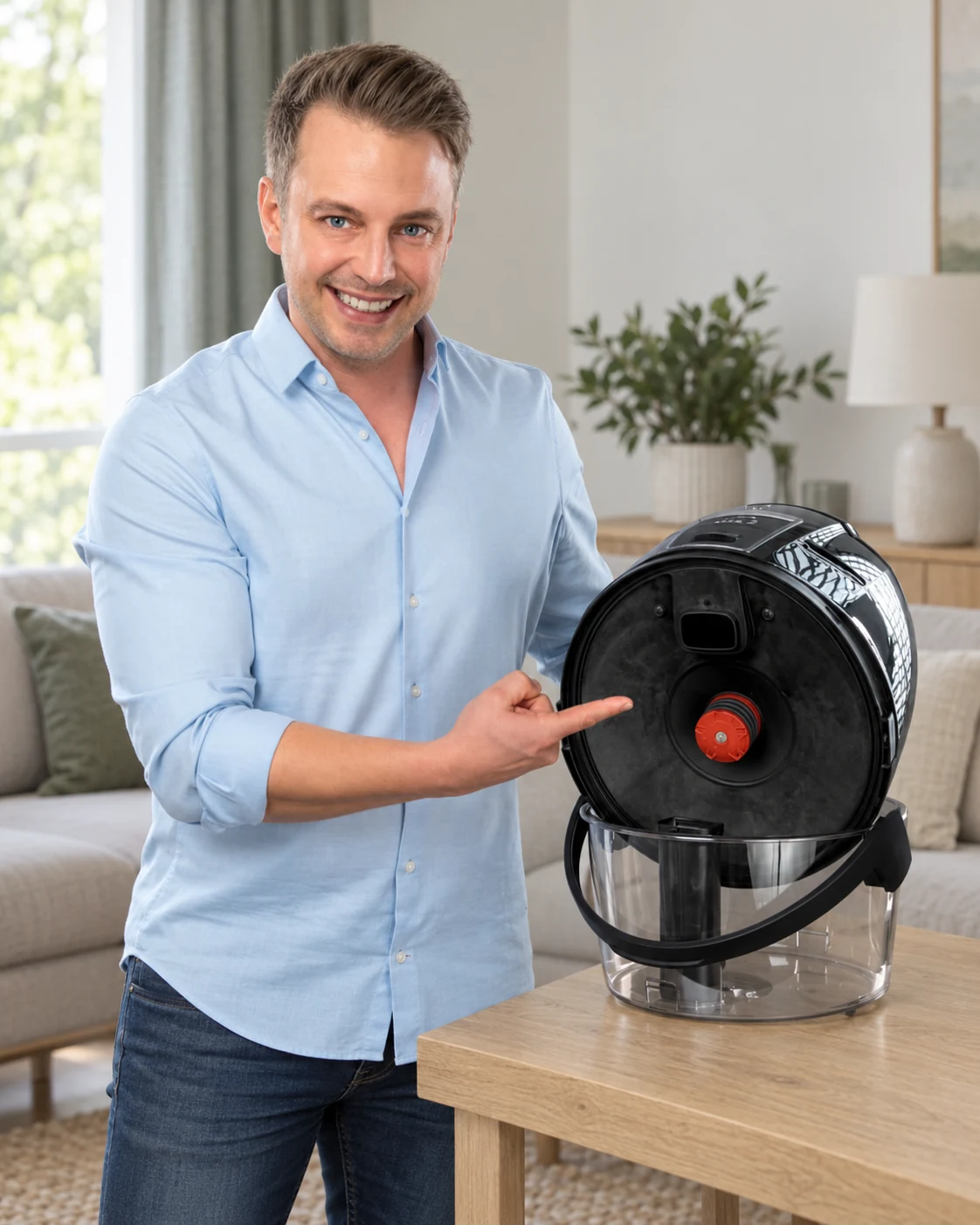 Mario Wiedemann erklärt den geöffneten HYLA und zeigt auf den Separator.
