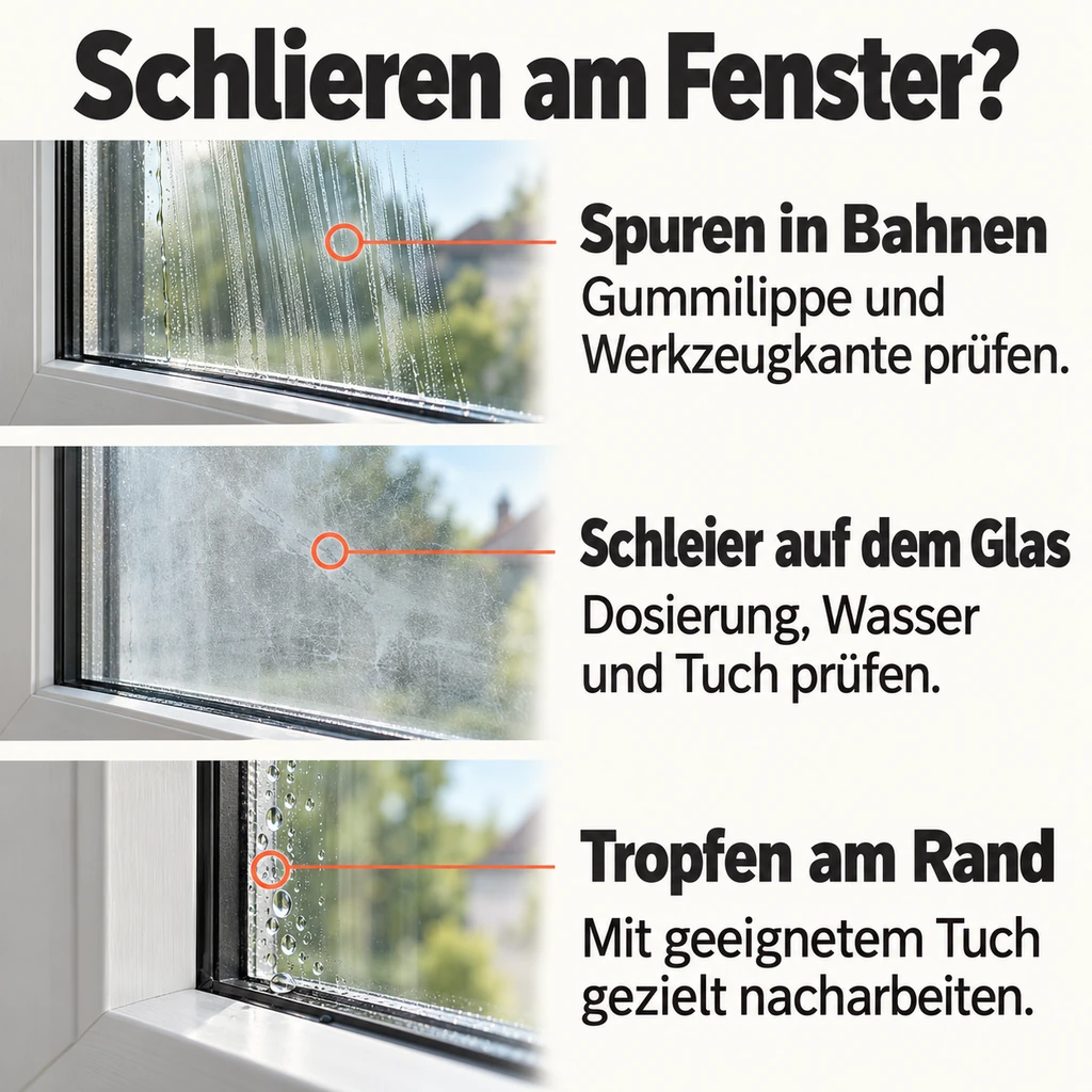 Schlieren am Fenster? Spuren in Bahnen: Gummilippe und Werkzeugkante prüfen. Schleier auf dem Glas: Dosierung, Wasser und Tuch prüfen. Tropfen am Rand: mit geeignetem Tuch gezielt nacharbeiten.