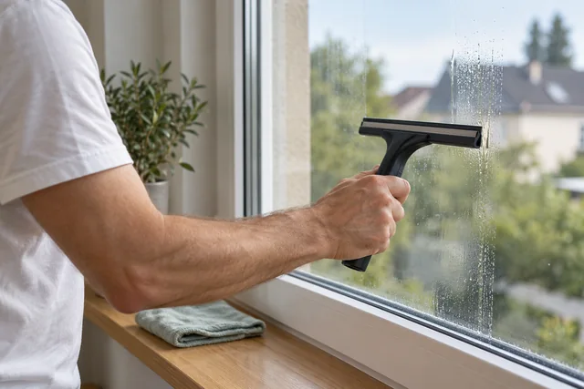 Eine Hand führt einen Fensterabzieher über eine eingewaschene Scheibe.