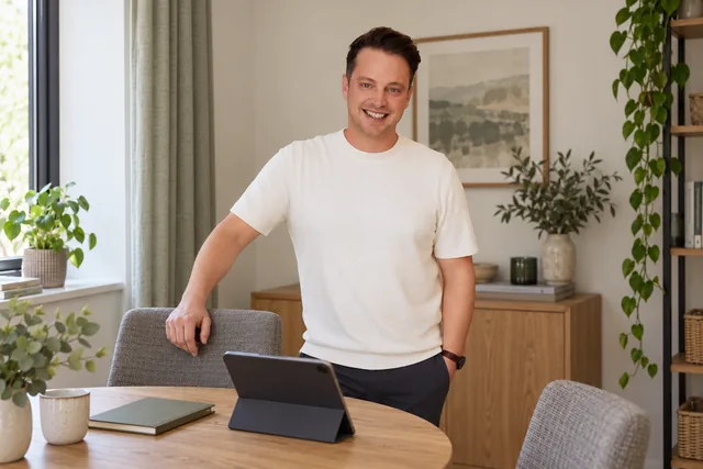 Illustrative Beratungsszene mit Mario Wiedemann neben Tablet und Notizbuch.