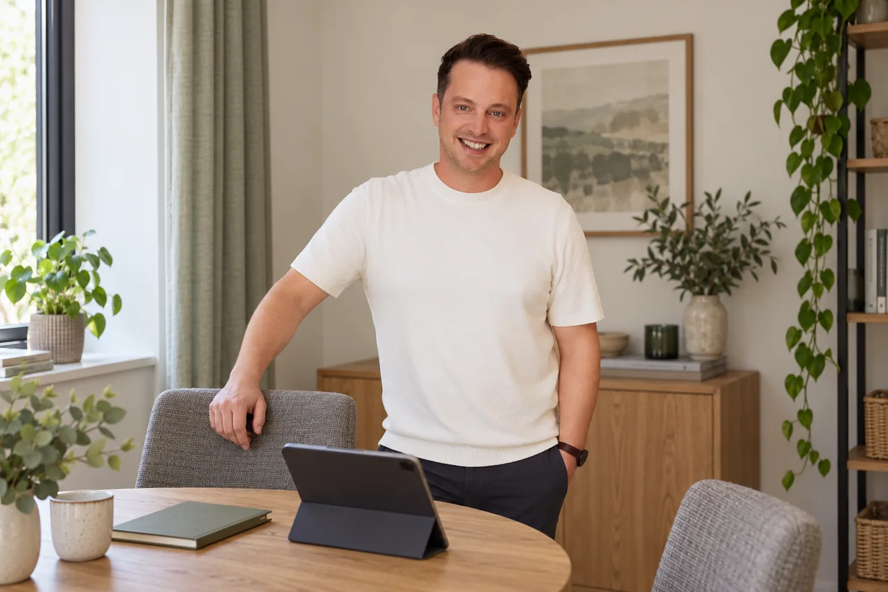 Illustrative Beratungsszene mit Mario Wiedemann neben Tablet und Notizbuch.