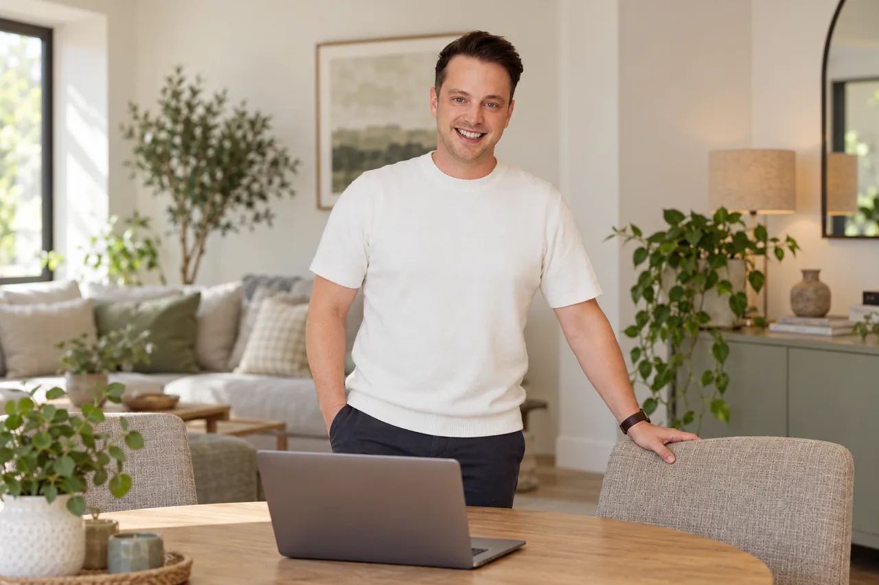 Illustrative Szene mit Mario Wiedemann und einem Laptop in einem Wohnraum.